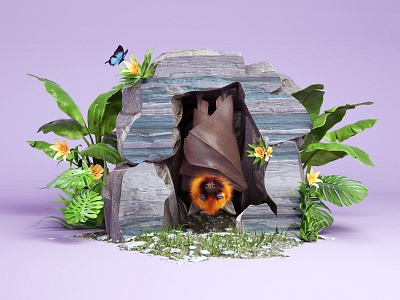 Sleeping Bat 3d bat c4d cave flowers illustration seamless still life tropical. butterfly