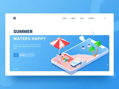 Summer Waters Happy 2.5d beach blue blue sky illustration summer swimming tourism vacation. white clouds