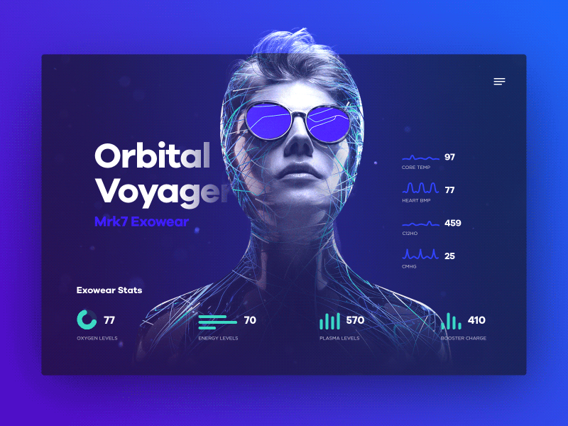 Orbital Voyager Exosuit dark gallery health microsite product space stats suit