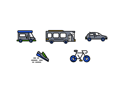 Commute Icons bike bus car commute flat icons line icons shoe van walking
