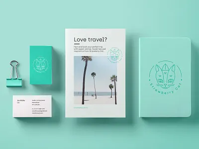 Strawberry Cat art branding cat clean logo minimal mint stationary symbol travel typography