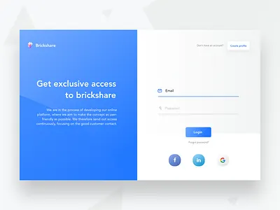Login brickshare construction create email facebook google login password profile property ui web