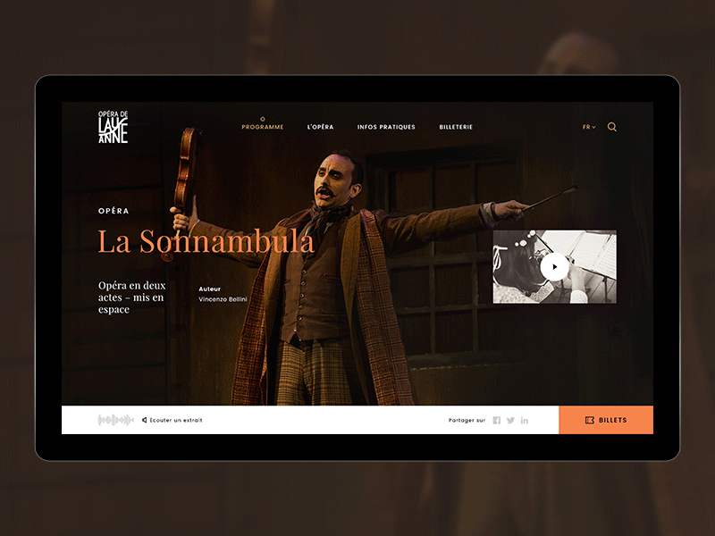 Opera of Lausanne #2 – Show Page buy calendar clean hero landing page minimalism modern opera ticket ui video webdesign