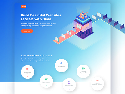 Another landing page for Duda bubbles gradient icons illustration isometric machine shapes ui ux web design