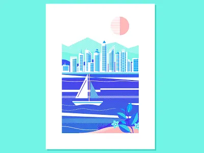 Seaside 2 boat city cityscape flower halftone island lines mountain ocean sailboat sea sun water