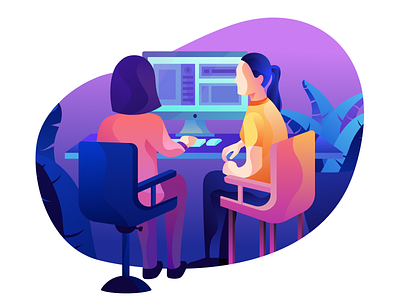 Working Together computer desk girl help illustration office people working