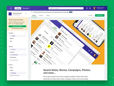 New Prezly Story Editing UI application editor filtering prezly story ui web app