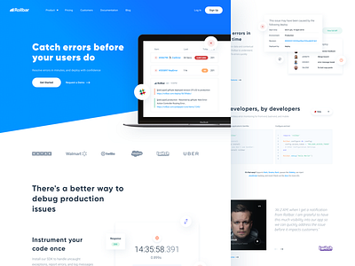 Rollbar.com - Redesign blue cards designer homepage landing rollbar site webpage website white
