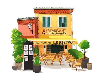 Little House 01 building hiwow home house illustration orange pink restaurant yellow
