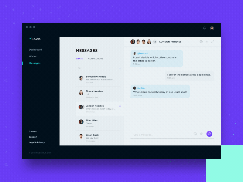 Radix - Desktop app Messaging app chart coin coins crypto dashboard radix wallet