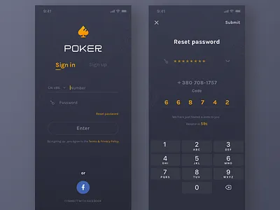 Texas Hold'em-Sign in/Reset passward app black code design in ios password reset sign ui ux