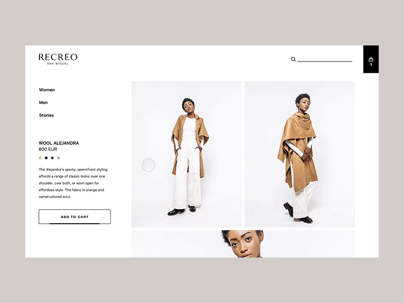Recreo Product Page animation clean design detail ecommerce fashion interaction minimal parallax scroll ui web