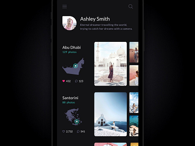 Travel App (sneak peek) country dark ios iphone mobile photo photographer photos profile travel world