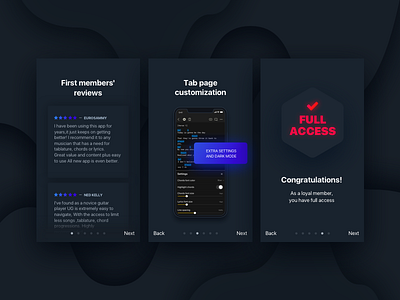 Guitar app onboarding access dark mode guitar member onboarding review settings star tour ui ux