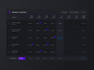 Weekly Timesheet app black clean daily ui challenge dark dark theme design desktop app flat gradient leapfrog minimal purple time time logger time sheet timesheet ui ux white