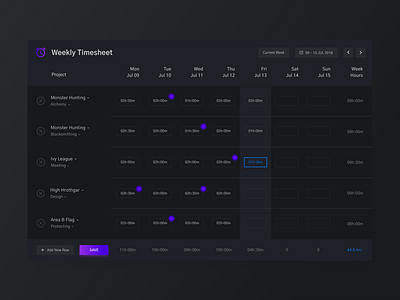 Weekly Timesheet app black clean daily ui challenge dark dark theme design desktop app flat gradient leapfrog minimal purple time time logger time sheet timesheet ui ux white