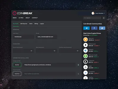 CryptoNews Profile account billing profile settings