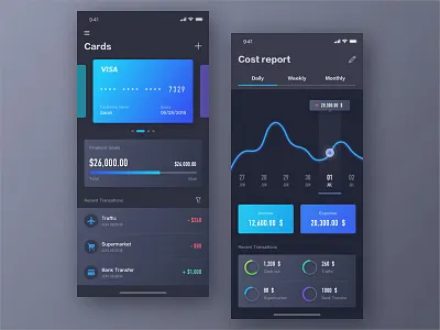 Finance App app bank calendar card dark data finance iphone x layout ue ui