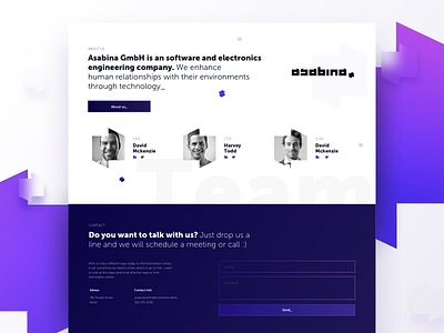 Asabin - Team section & Contact blur contact dark blue gradient color logo shape purple team section team shot