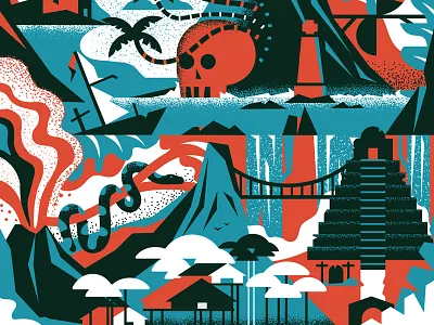 Distant Shores houses ocean palm sailing skull snake temple trees volcano waterfall