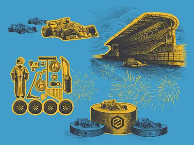 Vrooooom f1 grand stand illustration pit crew race car race track tools