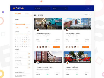 Events listing cards cards design cards table design events filtters healthcare portal home page indian ui listing table ui designer mumbai website landing page