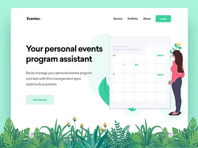 Event assistant website header calendar schedule assistant design event eventz events management header slide slider illustration vector flat landing page home leaf woman task menu navigation ui ux website web