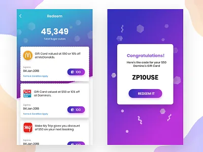 Redeem Coupon screen congratulations coupon redeem success