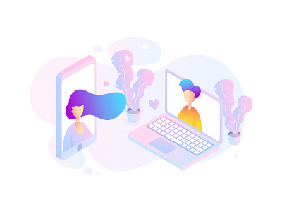 Love Connection 3d boy chatting color connection girl isometric landing page laptop love mobile pc