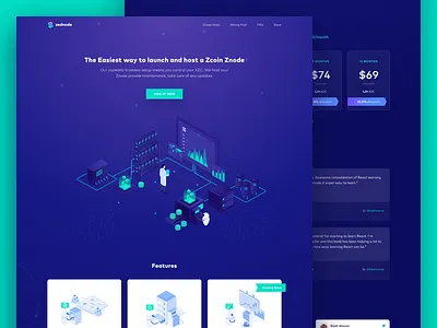Zednode Landing Page beautiful header illustration cryptocurrency website high conversion landing page icons logo design pricing page web design wordpress development site