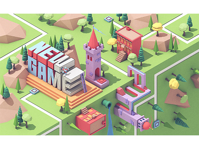 Apple "Today Tab" 3d apple c4d city gaming model new game perspective render today town village