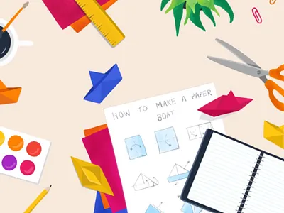 Paper Boats art boat craft desk flat lay illustration journal origami palette paper scissors