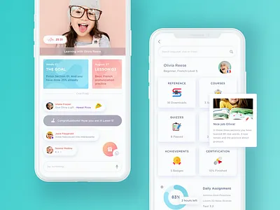 Online language learning app. app chart chat hiwow list live menu option profile search study video
