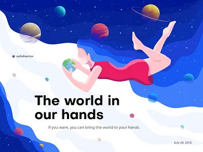 The world in our hands banner digital art flat design girl human illustration landing page illustration people planet poster space wallpaper