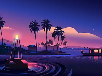 Roadtrip #4 - Boat house and Buoys backwaters boat boat house buoys illustration india kerala lake roadtrip south india trees twilight