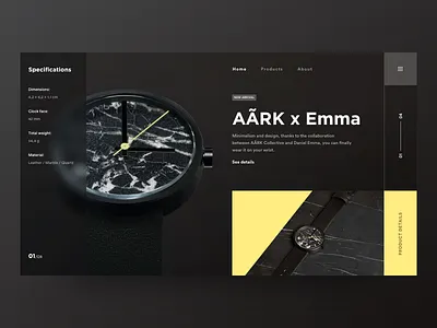 Ark black dark theme blur clock watch time wear fashion design ui ux grid blank industrial store shop ecommerce minimal clean flat product design web landing page yellow detail