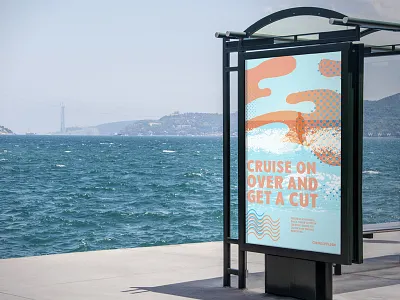 Poster Bus Stop Coast 1 barber beach negative space negative space logo poster design scissors summertime surfer vintage badges vintage barber designs waves