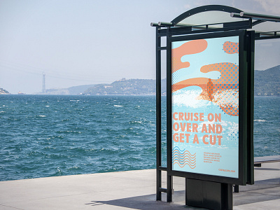 Poster Bus Stop Coast 1 barber beach negative space negative space logo poster design scissors summertime surfer vintage badges vintage barber designs waves