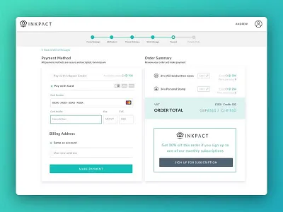 Checkout page for Inkpact checkout credit card design form inkpact order payment sammary shopping subscription
