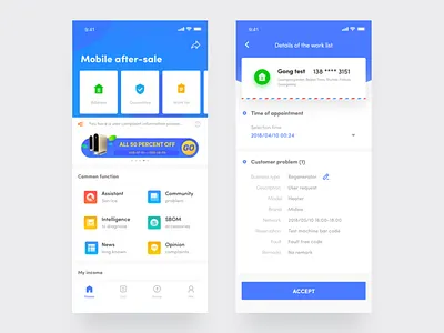 Mider——Mobile After Sale App list,hiwow midea,app,ux,ui,mobile,blue,work