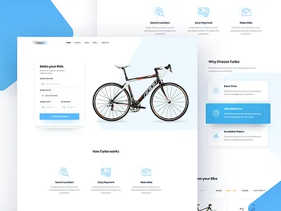 Bike rental home page blue sky color car cycle bike design home landing page rent rental tour transport travel trip ride ui user interface experience ux web template design website app
