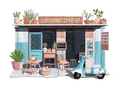 Little House 04 battery blue car hiwow house illustration