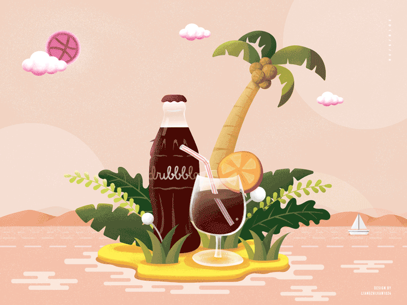 Hello Dribbble！ cloud coconut cola dribbble green hello planting tree ， ，bird