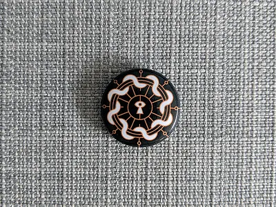 The Omniscient Eye badge button door eye keyhole lock mystery sticker mule symbol