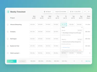 Weekly Timesheet Light UI app clay clean daily ui challenge design desktop app flat gradient green leapfrog light theme minimal time time logger time sheet timesheet ui ux weekly timesheet white