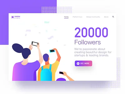 Hiwow20000 followers banner hiwow illustration landing page people picture purple ui web
