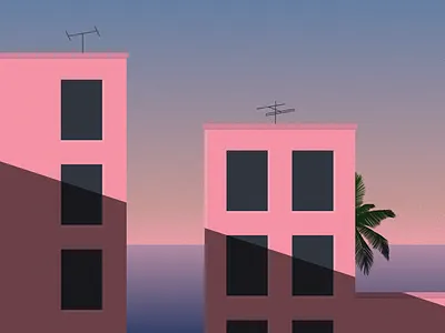Miami Sunset, 1988 1980s architecture building design geometric graphic design house illustration minimal outrun poster print retro vector