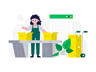 Print On Demand - We Handle Fulfillment box cargo cart character conveyor belt flat girl halftone illustration plant texture vector web