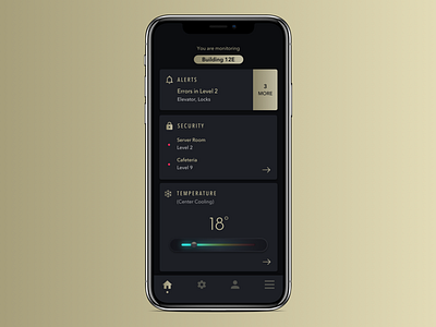 Building Administration App - Concept administration building dark gold iot maintenance security temperature ui ux
