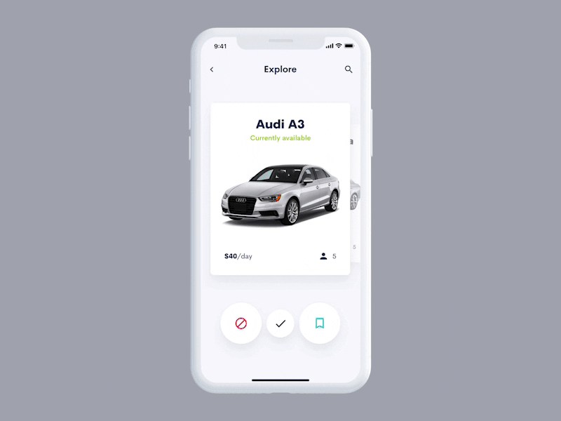 Rent a Car App – Tinder Style Explore animation car clean ui gif mobile mobile ui rent a car rent car tinder